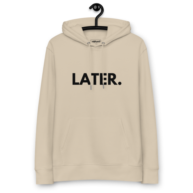 Neutral-toned desert dust 'Later' hoodie hanging, perfect for a relaxed and stylish loo