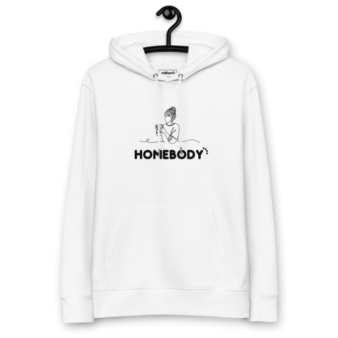 Homebody' hoodie hanging, perfect for relaxed vibes and staying in, classic white