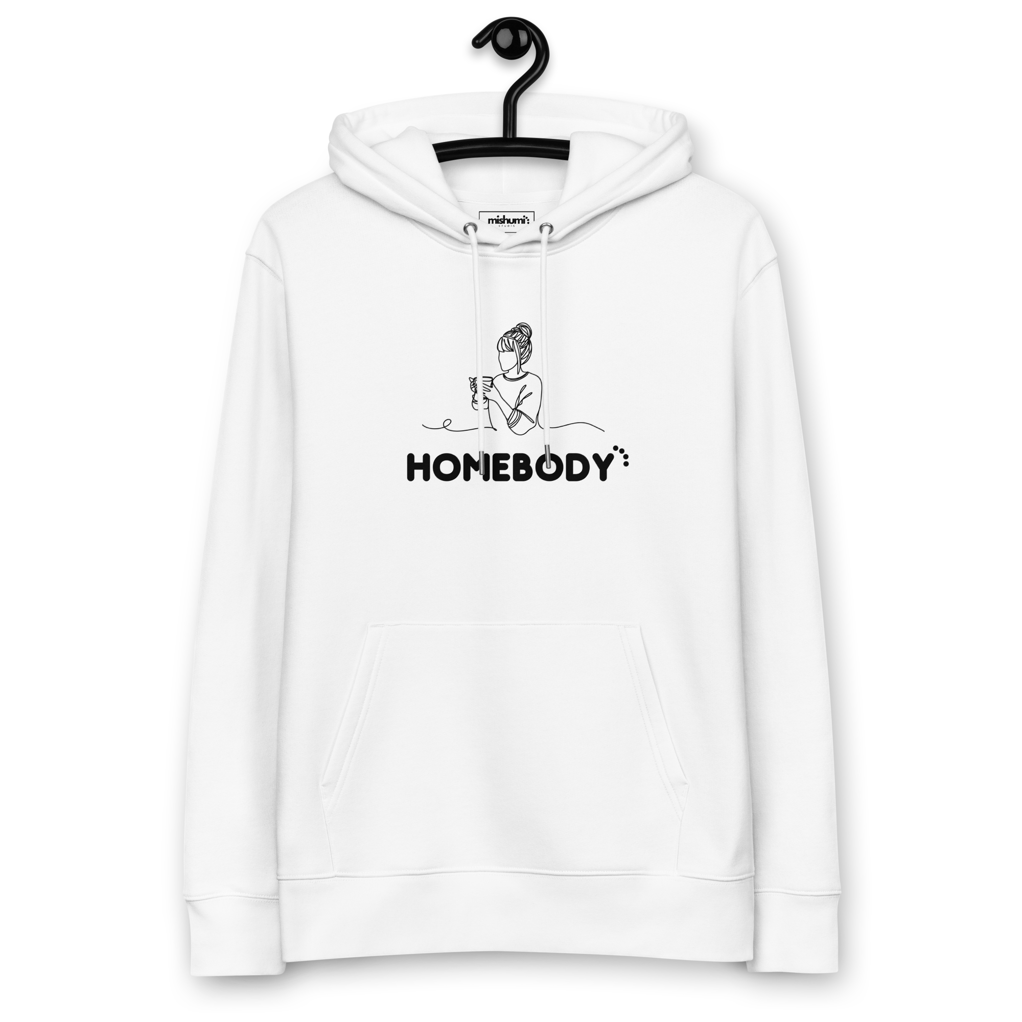 Homebody' hoodie hanging, perfect for relaxed vibes and staying in, classic white