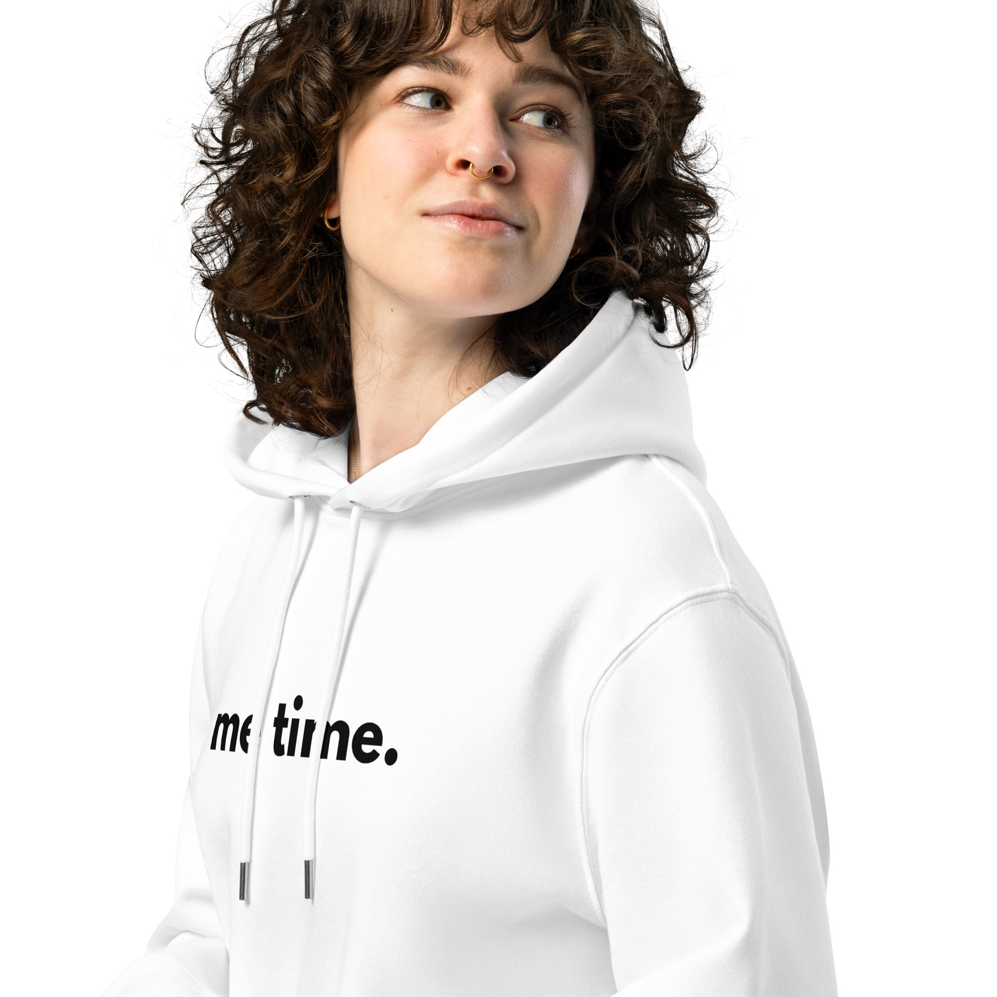 A girl wearing a 'Me Time' hoodie