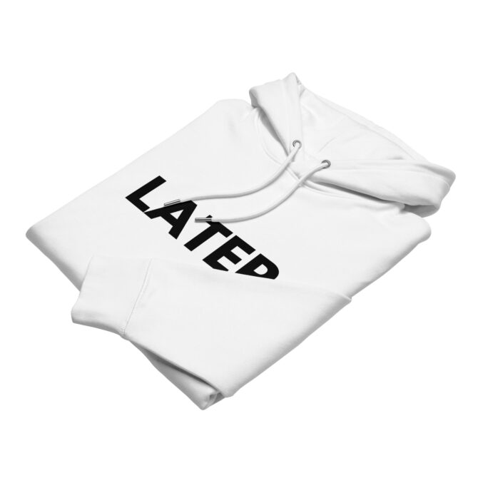 Folded white 'Later' hoodie, emphasizing its light, breathable fleece fabric